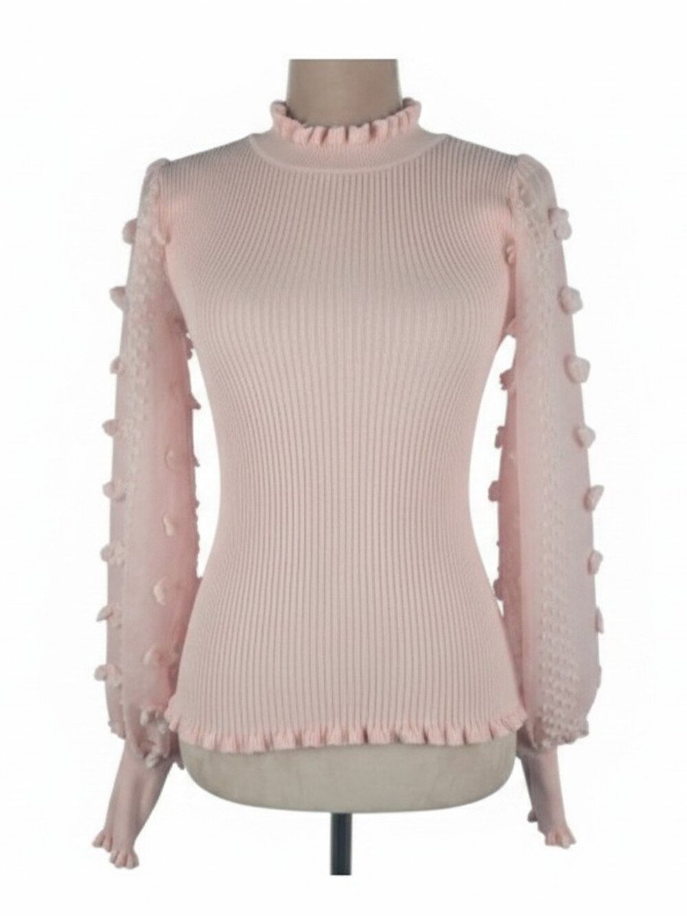 Almost Famous Ribbed Sweater Pom Pom Ruffle Mock Neck Pink Small